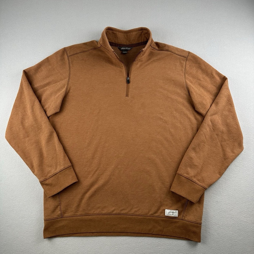 Eddie Bauer Quarter Zip Pullover Mens L Brown Cotton Blend Fleece Mock Neck Tall